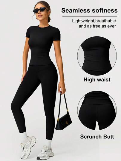 2pcs Women Soft Moisture Wicking Crew Neck Short Sleeve Top And Elastic Yoga Sports Pants