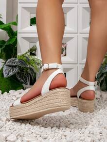 Women's Lace Decorated Thick Sole Canvas Wedge Heeled Ankle Strap Sandals, Bohemian Style, 2025 New - White - View 6