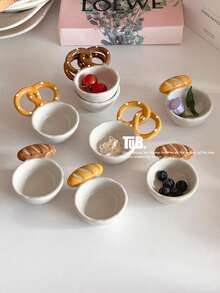 Asymmetrical Ceramic Bowl, Bread Design Dipping Sauce Dish, Creative Seasoning Container With Spoon Back To School,School Supplies - Multicolor - View 7