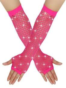 Guantes de red de pesca para adultos con rhinestones, guantes sin dedos cortos/medianos de colores elásticos para novias, fiestas y eventos, verano, viajes, festivales - Diamante largo y caliente - Ver 17