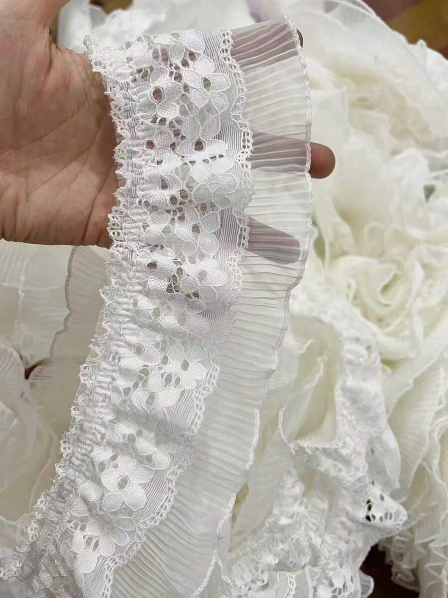 Double couche de bordure en dentelle à volants avec broderie, fournitures d'artisanat de couture, bordure en dentelle polyester pour robes de poupées, chaussures, chapeaux, sacs, décoration de rideaux - Blanc - Voir 1