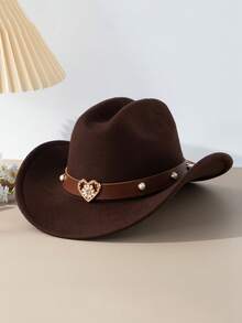 1 件心形雪花设计水钻镶嵌铜珠编织带西部优雅牛仔帽 - 涤纶、轻质、编织面料、西部牛仔帽 - 母亲节礼物
