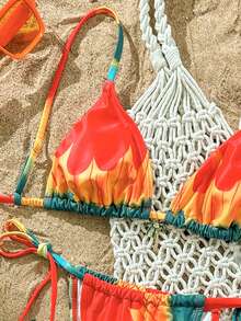 2pcs/Set Women Sunset Gradient Floral Print Adjustable Strap Bikini Top And Sexy Low Waist Thong Bottoms, Summer Beach Vacation Swimsuit