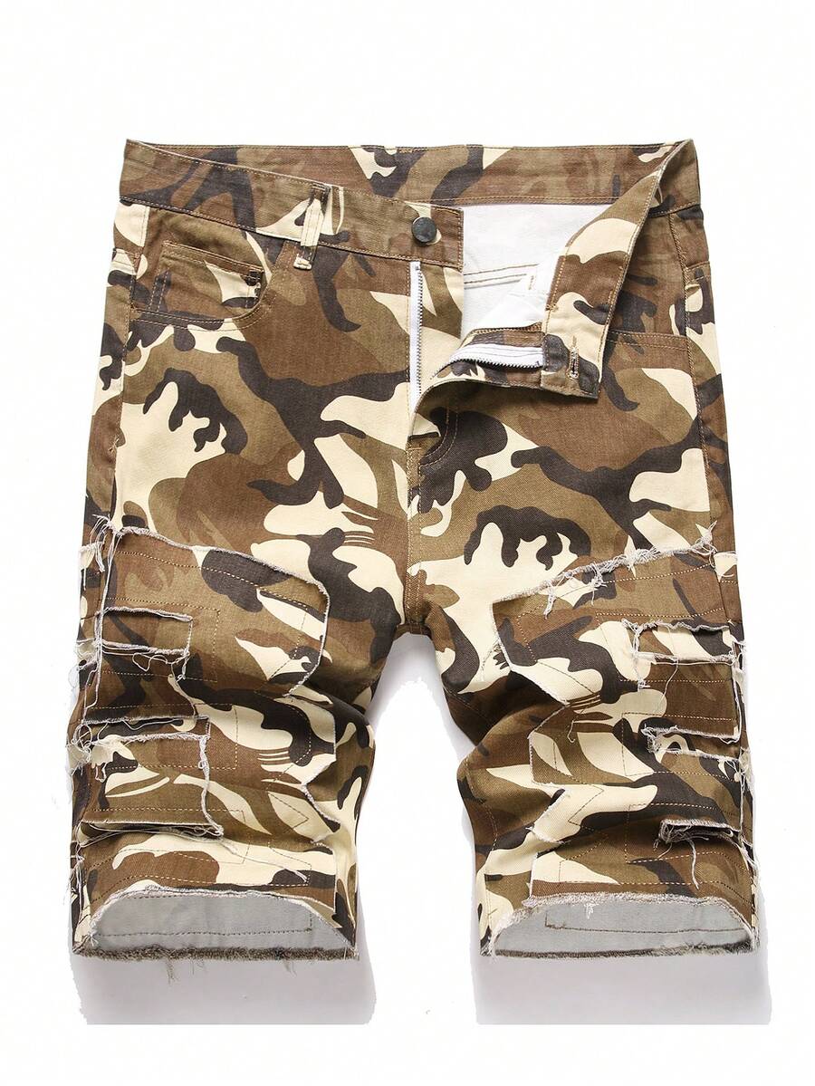 Teen Boy Creative Fringed Layered Camo Print Denim Shorts - Multicolor - View 1
