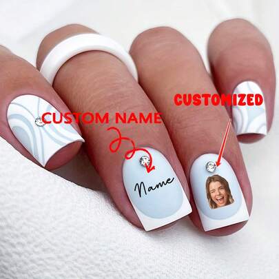 24pcs Light Blue Press On Nails With Rhinestones - Short Square Tip, Suitable For French Manicure Nail Supplies