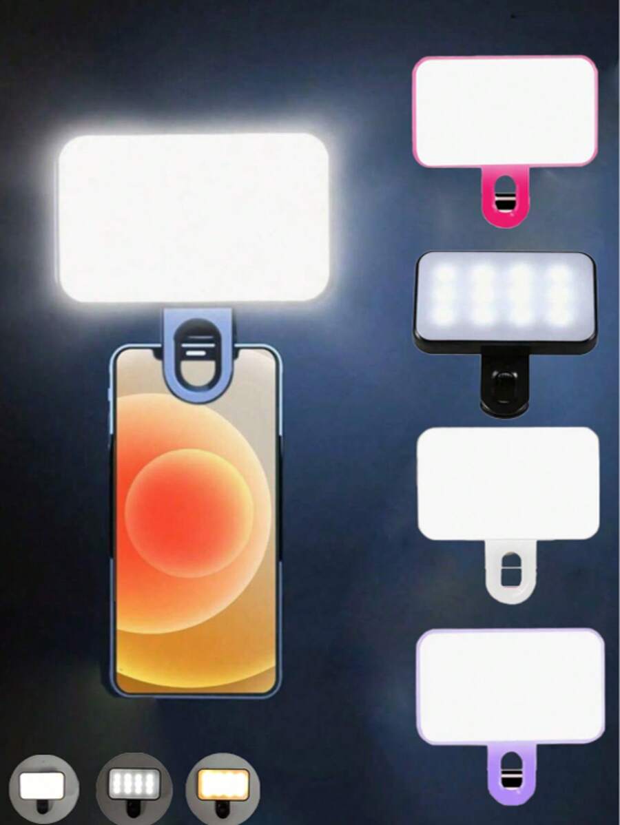 1 pieza Luz de relleno LED para selfie, luz de teléfono LED con 3 modos de iluminación, luz de relleno portátil y de clip mini para maquillaje, transmisión en vivo, conferencia de Zoom, luz de video/fotos recargable para teléfono, cámara, con batería integrada de 150mAh