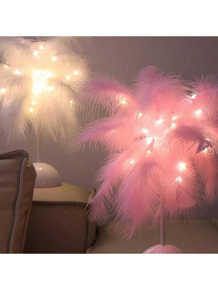 مصباح ريشي ليلي ب- 40 مصباح LED باللون الوردي والأ...