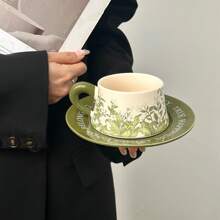 Vintage American Ceramic Cup & Saucer, Antique-Style Lily Flower Oil Painting Decor Coffee Cup Set, Afternoon Tea Mug
