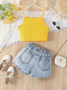 2Pcs Tween Girls Y2K Style Outfit - Yellow Ruffled Cami Top And Distressed Denim Shorts - Multicolor - View 2