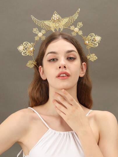 1 件金色仿珍珠吊坠头带，圣母玛利亚皇冠服装配饰，派对装饰，万圣节