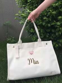 1pc Embroidered Bear & Customizable Letter Tote Bag, Large Capacity Fashion Handbag, Breastfeeding Diaper Bag For Moms, Canvas Tote Bag With Customizable Name, Maternity & Baby Storage Bag, Commuter Mom Bag,Multi-Functional,Ornamental,Letter,Stylish,Modern,Colorful,Cute,Adorable,Casual,Custom,Personalised,Unique,Customized,Ideal Gifts For Him,Ideal Gifts For Her Back To School