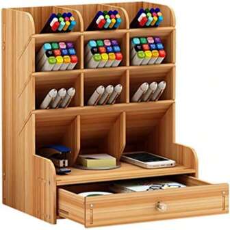 1 pièce Boîte de rangement de bureau en bois avec tiroir, organiseur porte-crayon DIY, présentoir de bureau créatif, convient pour la maison, le bureau et l'école, assemblage facile, graduation, rentrée, cadeau de fête