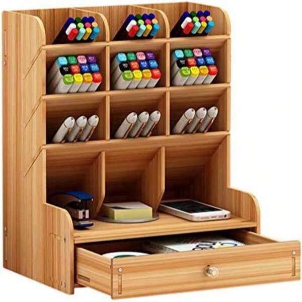 1 pièce Boîte de rangement de bureau en bois avec tiroir, organiseur porte-crayon DIY, présentoir de bureau créatif, convient pour la maison, le bureau et l'école, assemblage facile, graduation, rentrée, cadeau de fête