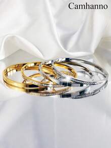 Camhanno 4pcs/set Fashionable Stainless Steel Simple Square Rhinestone Bangle Bracelet For Women, Perfect For Dating, No Fading - Multicolor - View 1