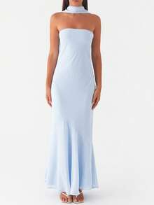 Womens Floral Strapless Dress With Scarf Y2k Backless Sleeveless Tube Maxi Long Dresses Sexy Mesh Bodycon Summer Beachwear - Solid Blue - 查看 3