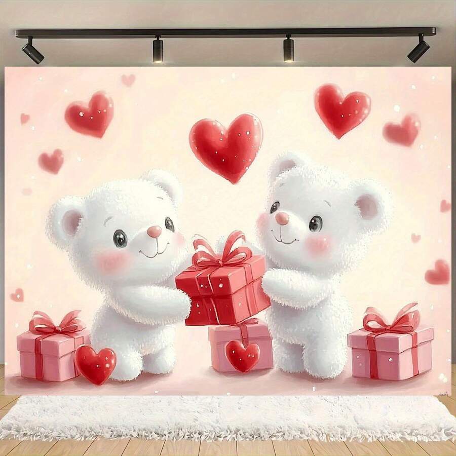 Deux oursons mignons se partagent des cadeaux. La forme de cœur rose douce et le design étincelant conviennent pour les mariages, les anniversaires, les fêtes, la décoration de photomaton pour toutes les saisons, la décoration de fête | Design fantaisiste - Multicolore - Voir 1