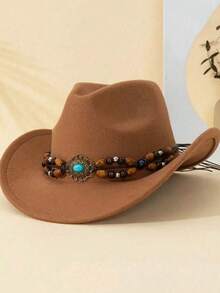 1pc Western Cowboy Hat For Women. It Has A Detachable Sapphire Wood Beaded Hat, A High Top Hat, A Lightweight Stylish Hat For All Seasons, Suitable For Outdoor Activities, Parties And Daily Wear.