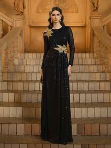Black Sequin Round Neck Embroidered Prom Dress, Modest - Black - View 5