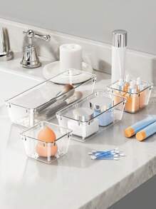 1pc/5 Packs Adjustable Drawer Organizers - Clear Plastic Storage Bins With Customizable Compartments For Makeup, Jewelry, Utensils | Multi-Purpose Vanity & Bathroom Organizer, Kitchen Drawer Dividers, Office Supplies Storage Solutions (Space-Saving )