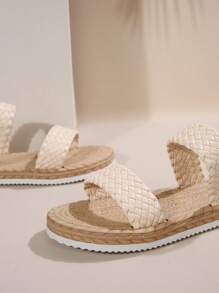 Plus Size Women's Summer New Fashion Wide Weaving Straw Bohemian Style Beige Braided Rope Sole Casual Slippers, Lightweight Comfortable Slip-On Beach Sandals, Non-Slip