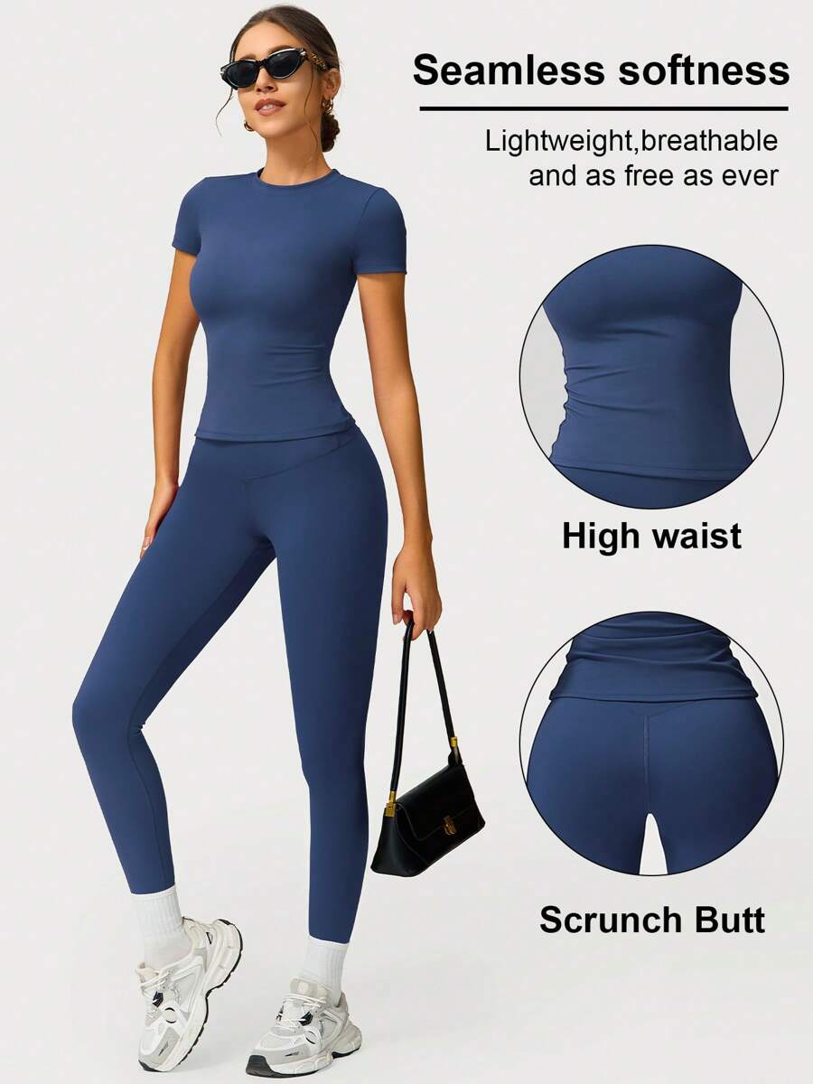 2pcs Women Soft Moisture Wicking Crew Neck Short Sleeve Top And Elastic Yoga Sports Pants