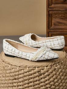 WHDXY Women's Pointed Toe Flat Shoes, French Low Vamp Party Style With Pearl Decor, Soft Sole Work Shoes, Fairy Style Slip-On Flat Shoes, Furry Casual Cardigan - Khaki - View 7