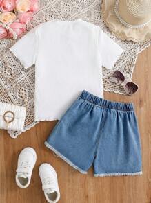 Tween Girl Casual  Butterfly T-Shirt + Short Light Blue Denim Shorts