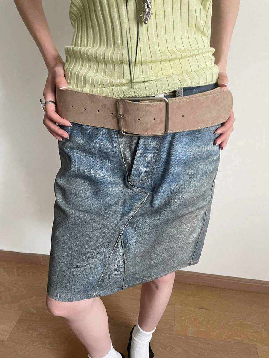 1 件女士卡其色 PU 皮革复古纯色细腰带，百搭夏季、秋季、万圣节 - 卡其色 - 查看 1