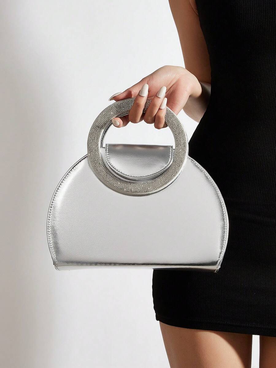 1pc Elegant Fashion Crystal Embellished Evening Bag, Romantic Artificial PU Leather Party Handbag, Luxury Glittery Formal Dress Clutch, Flap Cover Dance Prom Shoulder Chain Bag - Silver - View 1