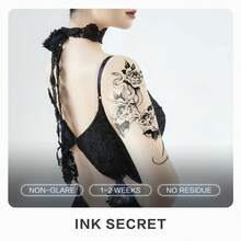 INK SECRET 1 件优雅青色蛇防水耐用草本纹身贴男女适用帅气酷炫符号手臂、小腿、腰部、锁骨、胸部和背部 - 黑色 - 查看 4