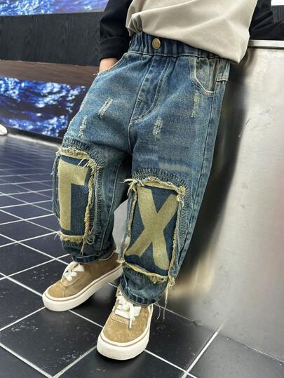 Young Boy Fashionable Loose Fit Distressed Patch & Scratch Print Denim Jeans, Spring