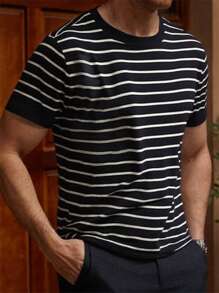 Men's Striped Knit Crew Neck Short Sleeve T-Shirt, Casual & Business Fitted Style, Breathable For Summer