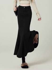 女式纯色高腰中长款 A 字牛仔裙，带荷叶边和侧开衩，休闲版型，春夏 - 黑色 - 查看 6
