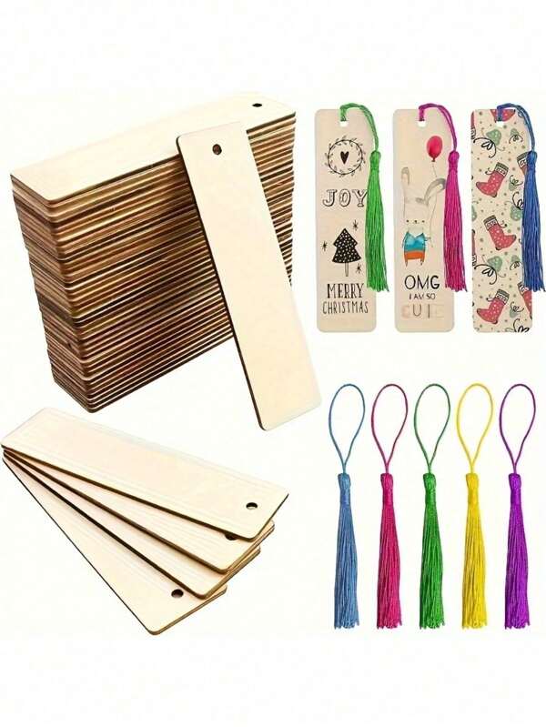 70 pezzi Segnalibri in legno vuoti fai-da-te, segnalibri in legno lavorati al laser, pendente in legno, etichette quadrate in legno (35 segnalibri + 35 nappe) con colori delle nappe casuali, per il ritorno a scuola
