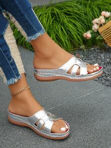 大码 36-43 夏季新款时尚休闲金色坡跟凉鞋，日常穿着露趾轻便银色女士坡跟厚底凉鞋 - 銀色褶皺 - 查看 3