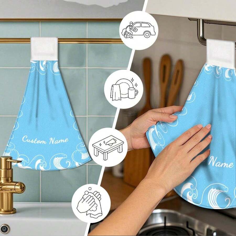 مجموعة منشفة مطبخ وقطعة قماش غسيل مخصصة باسم على خلفية زرقاء ذات نمط موجي، ديكور منزلي، منشفة يد للحمام، اكسسوارات، ديكور شقة، هدية ضرورية لتدشين المنزل الجديد للنساء، الأم، الجدة، الزوجة، ديكور حمام، ديكور خريفي، أساسيات الشاطئ، عودة إلى المدرسة، منشفة استحمام لصالون التجميل، الفندق، الرياضة، أساسيات المنزل، منشفة، العناية بالبشرة - أزرق سماوي - مشاهدة 1