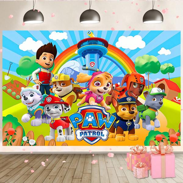 Paw Patrol 1 Pieza Telón de fondo de pared con foto grupal de los cachorros de Paw Patrol en el bosque y arcoíris, decoración temática de fiesta de cumpleaños, decoración de pared temática de Paw Patrol, excelente para eventos de celebración, decoración de habitación y accesorios de exhibición en tamaños 82.7x59.1, 59.1x39.4, 39.4x29.5 pulgadas