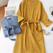 1pc Waffle Bathrobe, Adult Men's And Women's Bathrobe, Spring And Summer Bathrobe, B&B Hotel SPA Bathrobe, Absorbent Quick Drying, Loose Version, Multi-Color, Bathroom Items, Household Items Bathroom Decor Back To School