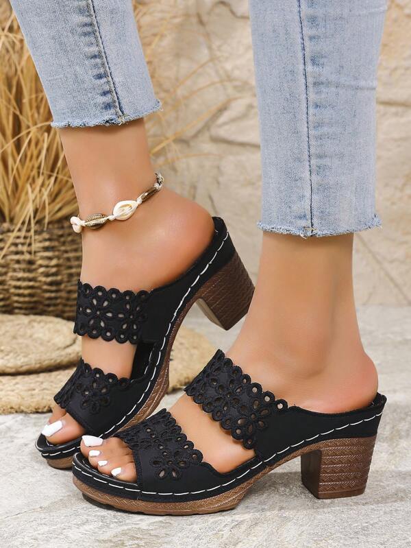 Sandales à talons compensés avec broderie florale, couleur unie, légères, d'été pour femmes. Mules mode à enfiler, à talons hauts, polyvalentes et décontractées.