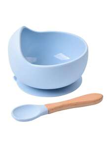 1 Set Of Baby Feeding Bowl And Spoon Set, Silicone Baby Bowl Suction With Wooden Spoon Silicone Suction Base Anti-Slip Baby First Feeding Set, Suitable For, Girls And Boys