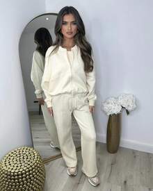 Amelia Bomber Zip Jacket And Straight Leg Joggers Set - Beige - View 2