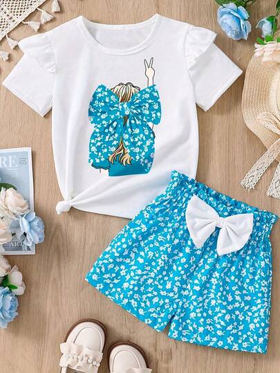 Conjunto de camiseta de manga corta con volantes y estampado de personaje de dibujos animados y flores con lazo, talla grande pantalón corto cintura parisina para niñas preadolescentes, de verano