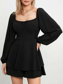 Women Puff Long Sleeve Romper Off Shoulder Ruffle Flowy Short Jumpsuit Layered Pirate Dress With Shorts Playsuit - Black - View 6