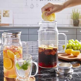 2 litros 62 onzas Jarra de vidrio de borosilicato de alta resistencia con tapa y boquilla, botella de agua de vidrio con asa para agua caliente, agua fría, jarras de té helado grandes para café, jugos y bebidas caseras
