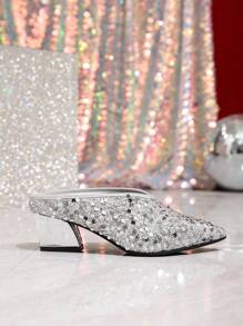Pointed Toe Silver Sequin Material Mule Slippers, V-Cut Mid Heel Sexy Party Pumps, Versatile Vintage Grandmother Style High Heel Shoes For Women