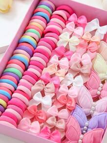 Set de 115 pièces d'accessoires pour cheveux de fille roses, comprenant des chouchous nœud papillon, des pinces à cheveux papillons en fausse perle, des élastiques simples, des chouchous en serviette, des décorations de cheveux princières, sans dommage, accessoires pour cheveux, pinces à griffes