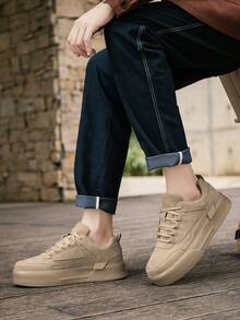 Men's Fashionable Solid Color Lace-Up Front Skate Shoes, Lightweight Casual Outdoor Couple Sports Shoes For Daily Wear - Khaki - View 10