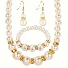 1 par de brincos românticos franceses requintados + 1 pulseira elegante + 1 colar deslumbrante, conjunto de joias com pérolas artificiais, acabamento dourado ou prateado, estilo romântico clássico, para casamento, festa, uso diário, joias femininas