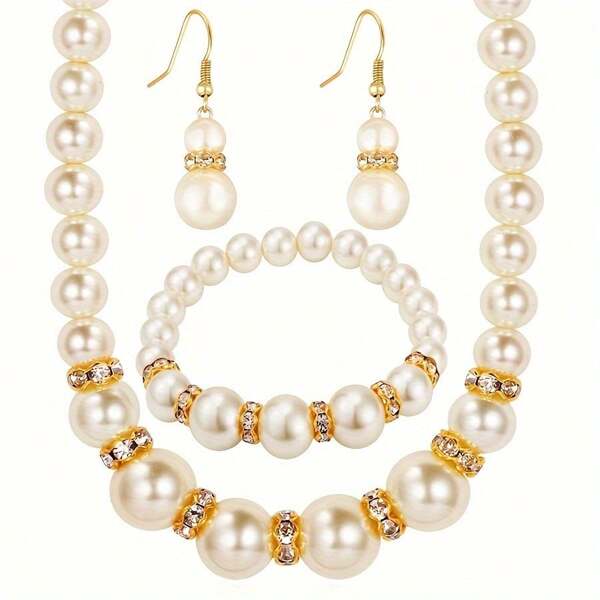 1 par de brincos românticos franceses requintados + 1 pulseira elegante + 1 colar deslumbrante, conjunto de joias com pérolas artificiais, acabamento dourado ou prateado, estilo romântico clássico, para casamento, festa, uso diário, joias femininas