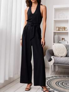 Women Deep V Neck Backless Sleeveless Long Jumpsuit, Wide Leg Black Jumpsuit, Simple Commute Casual Daily Tube Jumpsuit For Summer Outing, Comfortable Casual Sexy Loungewear, Suitable For Women